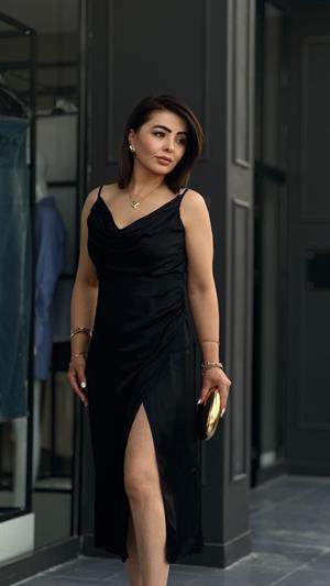 Satin Black Adjustable Strap V-Neck Dress