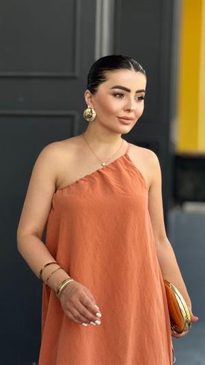 Şeftali Tek Omuz Asimetrik Elbise 