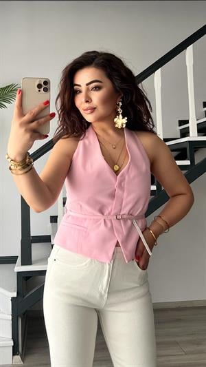 Şeker Pembe Belden Kemerli Yelek