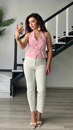 Şeker Pembe Belden Kemerli Yelek