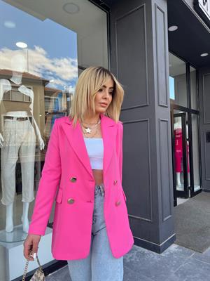 Şeker Pembe Gold Düğme  Atlas Kumaş Blazer Ceket