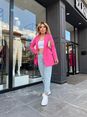 Şeker Pembe Gold Düğme  Atlas Kumaş Blazer Ceket