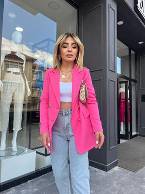 Şeker Pembe Gold Düğme  Atlas Kumaş Blazer Ceket