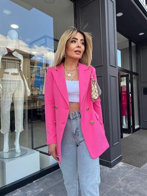 Şeker Pembe Gold Düğme  Atlas Kumaş Blazer Ceket