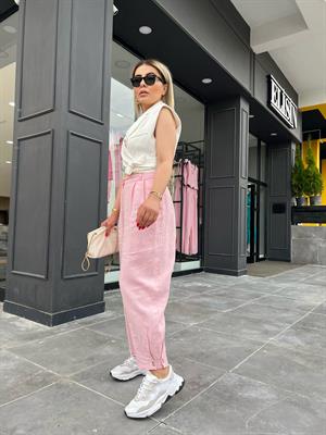 Şeker Pembe Ham Keten Paça Düğmeli Pantolon