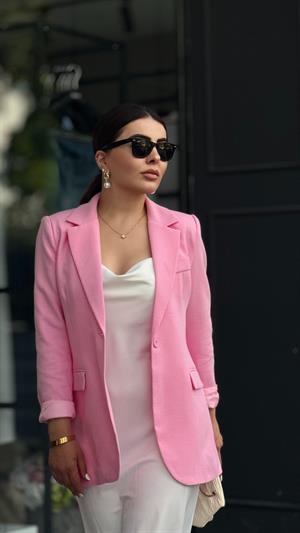 Şeker Pembe Pamuk Keten Tek Düğme Blazer Ceket 