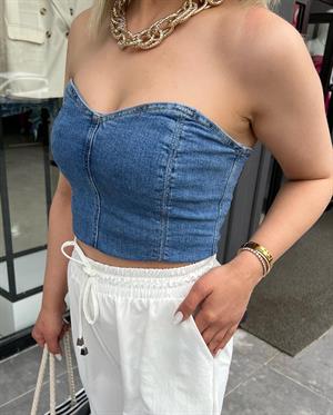 Sırtı Lastikli Denim Büstiyer