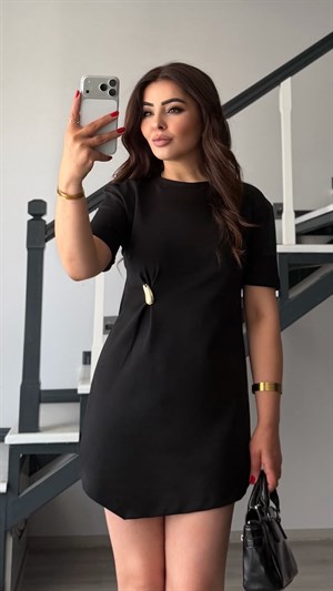 Black Asymmetric Mini Dress with Accessory Detail