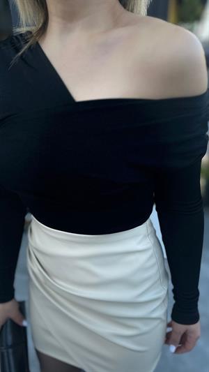 Black Asymmetrical Wrap Blouse with Shoulder Detail