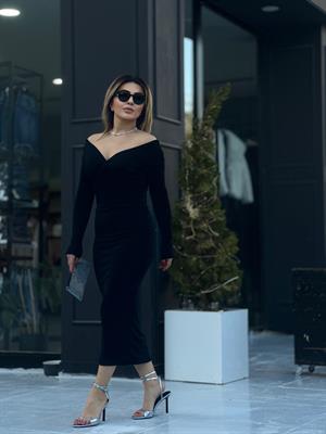 Black Asymmetrical Wrap Dress with Shoulder Detail