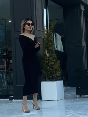 Black Asymmetrical Wrap Dress with Shoulder Detail