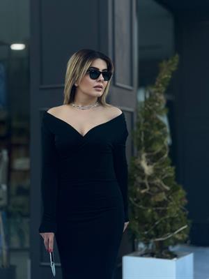 Black Asymmetrical Wrap Dress with Shoulder Detail