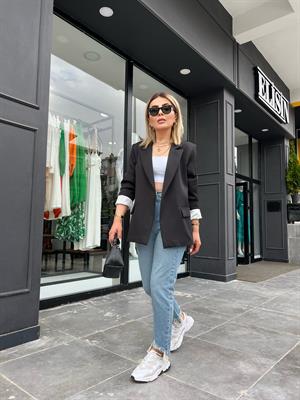 Siyah Astarı Çizgili Blazer Ceket
