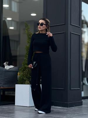 Siyah Beli Lastikli Bol Paça Pantolonlu Crop Takım