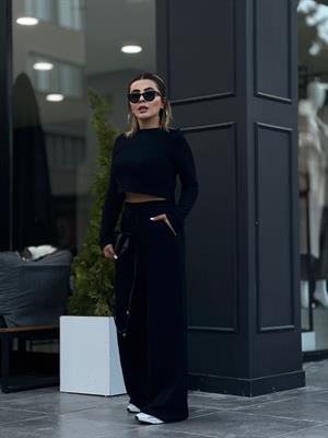 Siyah Beli Lastikli Bol Paça Pantolonlu Crop Takım