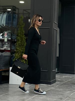 Siyah Boydan Düğmeli Fitilli Triko Elbise 