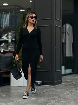 Siyah Boydan Düğmeli Fitilli Triko Elbise 