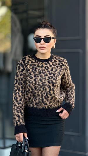 Siyah - Camel Leopar Desen Şardonlu Kazak 