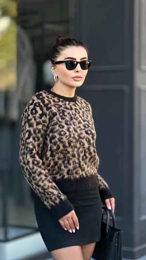 Siyah - Camel Leopar Desen Şardonlu Kazak 