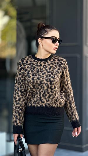 Siyah - Camel Leopar Desen Şardonlu Kazak 