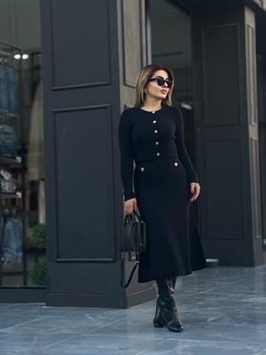 Siyah Çelik Triko Düğmeli Cepli Çan Etekli Takım 