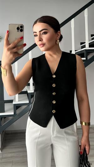 Siyah Çelik Triko Gold Düğme Yelek