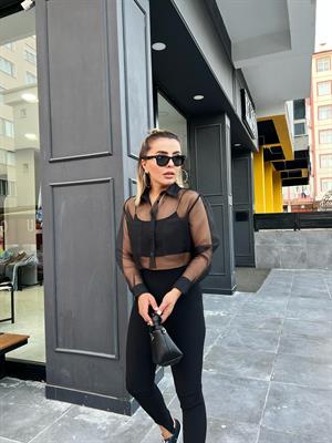 Black Double Pocket Tulle Shirt