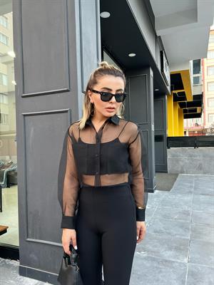 Black Double Pocket Tulle Shirt