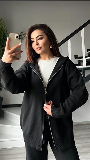 Siyah Çift Fermuar Detaylı Kapüşonlu Triko Takım 