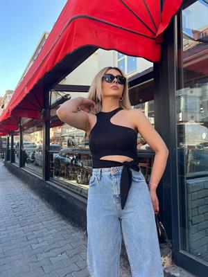 Siyah Çiftkat Kumaş Likralı Bağlamalı Bluz