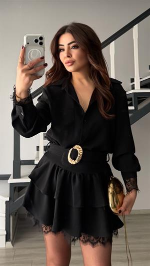 Black Dress with Lace Detail, Ruffled Skirt and Belt