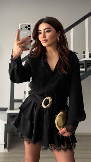 Black Dress with Lace Detail, Ruffled Skirt and Belt