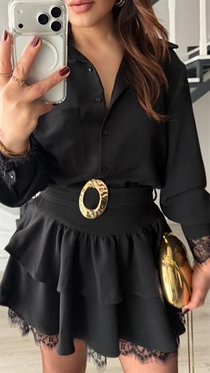 Black Dress with Lace Detail, Ruffled Skirt and Belt