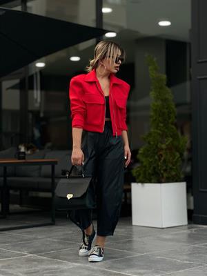 Siyah Deri Paça Düğmeli Slouchy Pantolon
