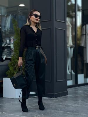 Siyah Deri Paça Düğmeli Slouchy Pantolon