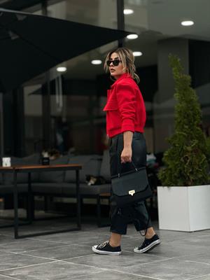 Siyah Deri Paça Düğmeli Slouchy Pantolon