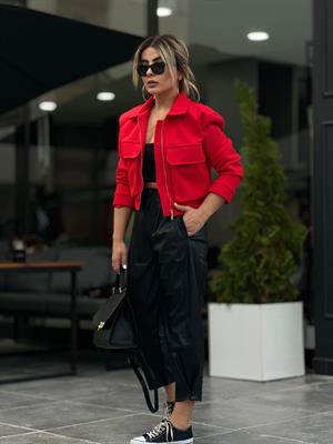 Siyah Deri Paça Düğmeli Slouchy Pantolon