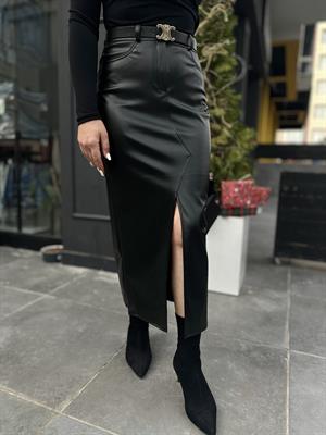 Siyah Deri Yırtmaçlı Etek 