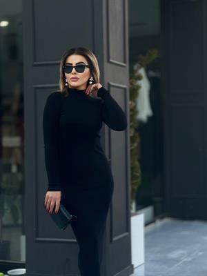 Black High-Neck Ribbed Knit Dress