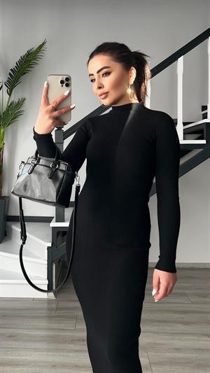 Siyah Dik Yaka Fitilli Triko Elbise 