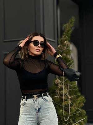 Black High-Neck Tulle Blouse