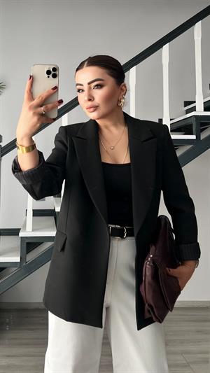 Siyah Duble Crep Astarı Çizgili Blazer Ceket