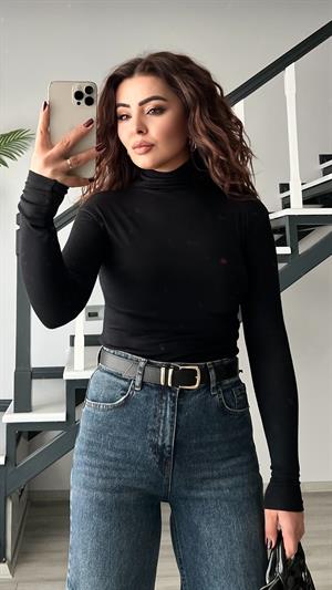 Siyah Duble Modal Balıkçı Yaka Bluz