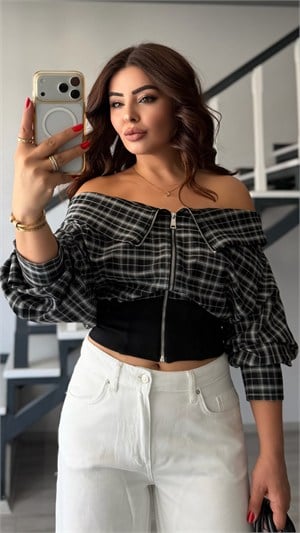 Black Plaid Zip-Up Design Blouse