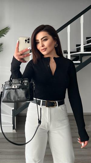 Siyah Fitilli İtalyan Kol Bluz 