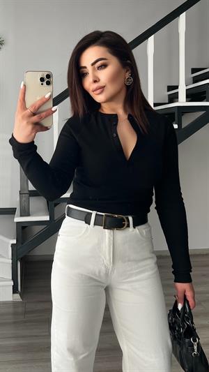 Siyah Fitilli İtalyan Kol Bluz 