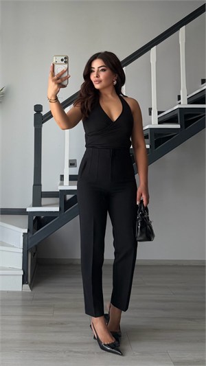 Black Halter Neck Double-Breasted Blouse