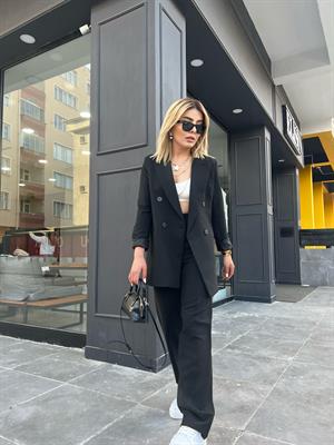 Siyah İnce Çizgili Ceket-Palazzo Takım