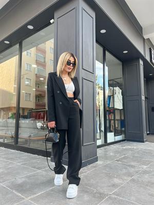 Siyah İnce Çizgili Ceket-Palazzo Takım