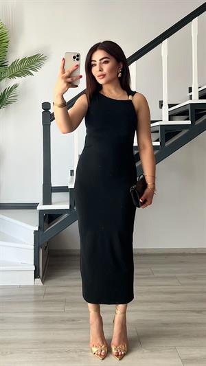 Black Jersey Fabric Dress with Accessory Details